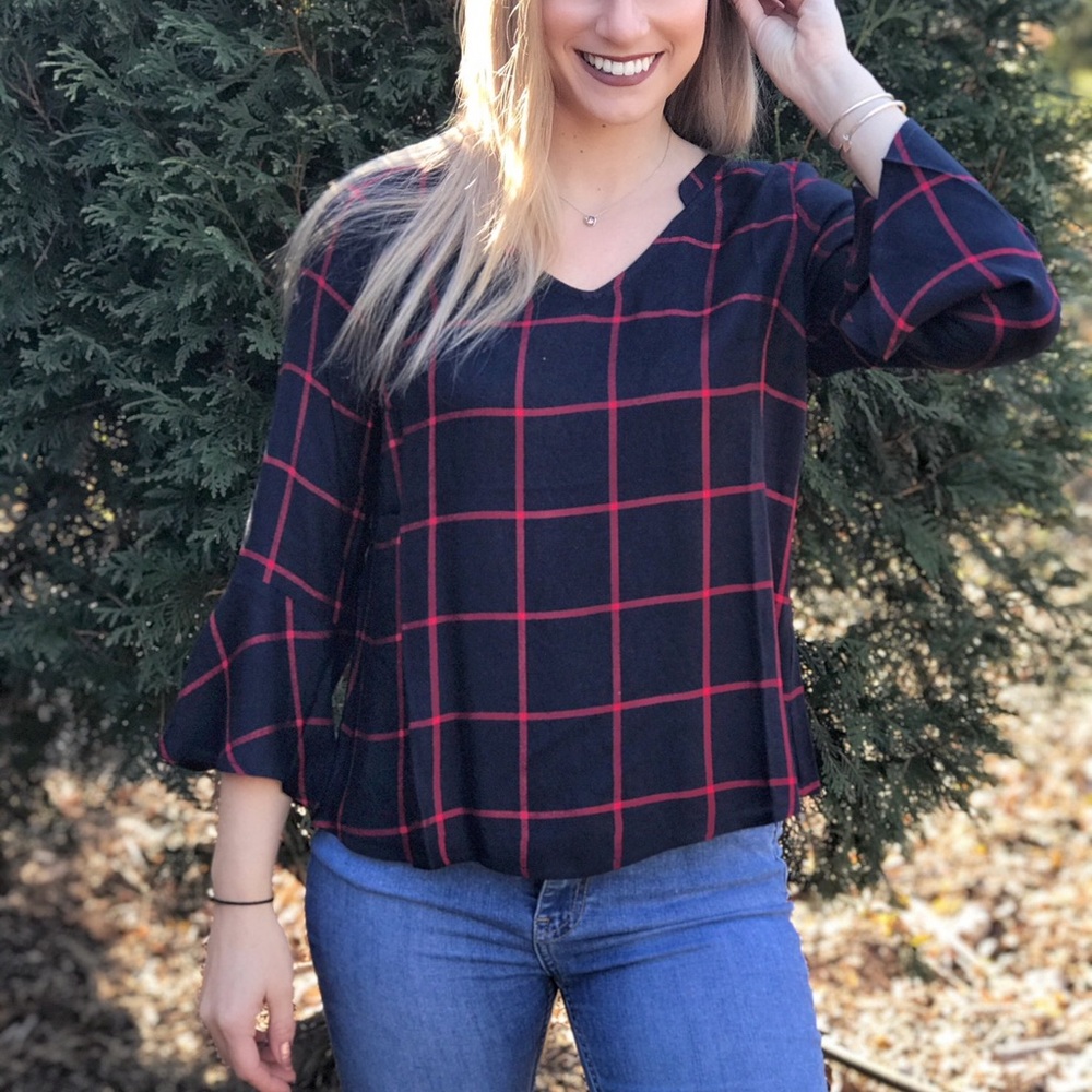 Plaid v-neck Bell Sleeve Top